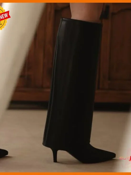 Knee High Boots Fold Over Pointed Toe Stiletto Heel Wide Calf Zipper - Picture 2 of 7